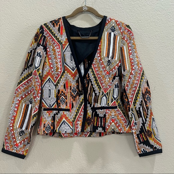 Trina Turk Womens Silk Blazer Tribal Diamond Moderna Sz 10 Southwestern Boho EUC - Picture 1 of 10